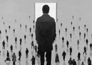 Gri arka plan önünde, ortada sırtı dönük bir adam silueti var, önünde beyaz bir dikdörtgen alan yer alıyor, çevresinde farklı yönlere yürüyen onlarca insan figürü bulunuyor.