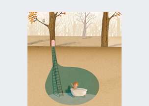 İllüstrasyon tarzında çizilmiş bir sahnede, üstte sonbahar renklerinde ağaçların olduğu orman yer alıyor, yerin altındaki bir boşlukta küçük bir çocuk beyaz bir küvette banyo yapıyor, yukarıya doğru uzanan bir merdiven yüzeye çıkıyor.