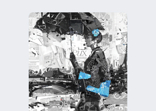 Farklı gazete ve dergi kupürlerinden oluşturulmuş bir kolajda, şemsiye tutan bir kadın figürü beliriyor.