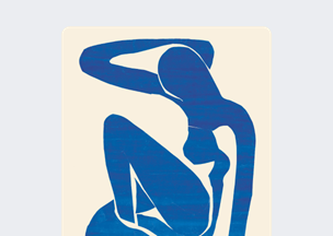 Açık bej arka plan üzerinde, mavi renkle kesilmiş bir figür. Oturur pozisyonda betimlenmiş, sade çizgilerle yapılmış bu soyut biçim.