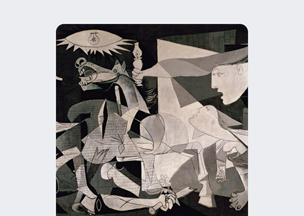 Siyah beyaz tonlarda, farklı yönlere bakan insan, hayvan ve geometrik biçimlerin bir araya geldiği karmaşık bir görüntü yer alıyor.