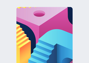 Renkli geometrik biçimlerden oluşan soyut bir dijital illüstrasyon görülüyor, sarı, pembe, mavi ve mor tonlarında merdivenler, köşeler ve bir dairesel boşluk yer alıyor.