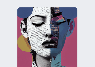 Pembe arka plada, kolaj tarzında oluşturulmuş portre, bir kadının yüzü iki farklı biçimde betimlenmiş, yüzün bir yarısı siyah beyaz gazete metinleriyle kaplanmış, diğer yarısı mavi ve mor tonlarda boyanmış.