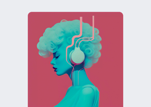 Dijital illüstrasyon tarzındaki kompozisyonda, mavi tonlarla renklendirilmiş bir kadın figürü yer alıyor, başında büyük kulaklıklar bulunuyor, arka plan pembe, çizgisel hatlar figürün başından yukarıya doğru uzanıyor.