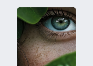 Yeşil yaprakların arasından mavi-yeşil renkli bir gözün yakın planı görülüyor, yaprak yüzeylerinde su damlaları bulunuyor.